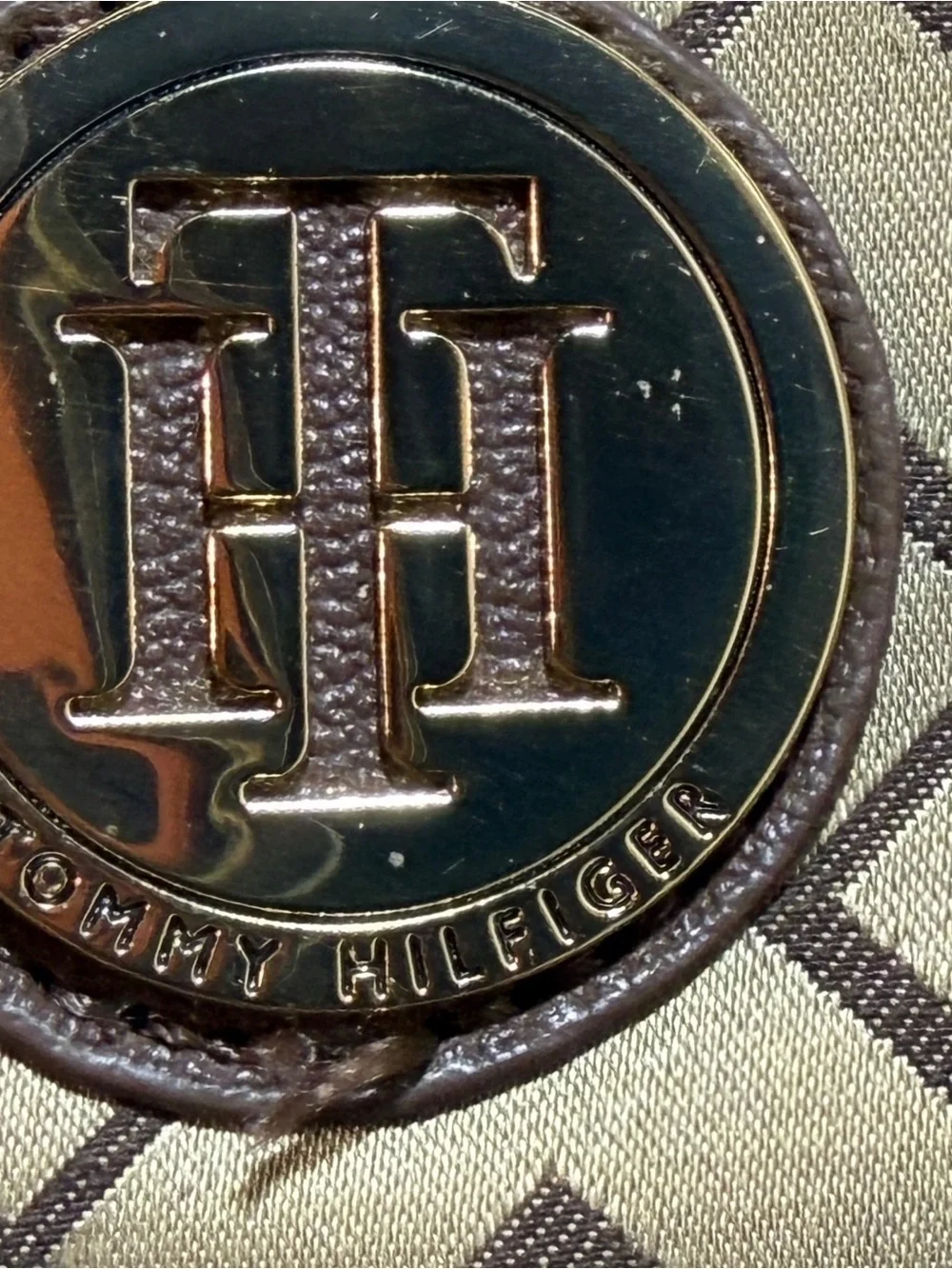 Tommy Hilfiger Gold and Brown Monogram Shoulder Bag